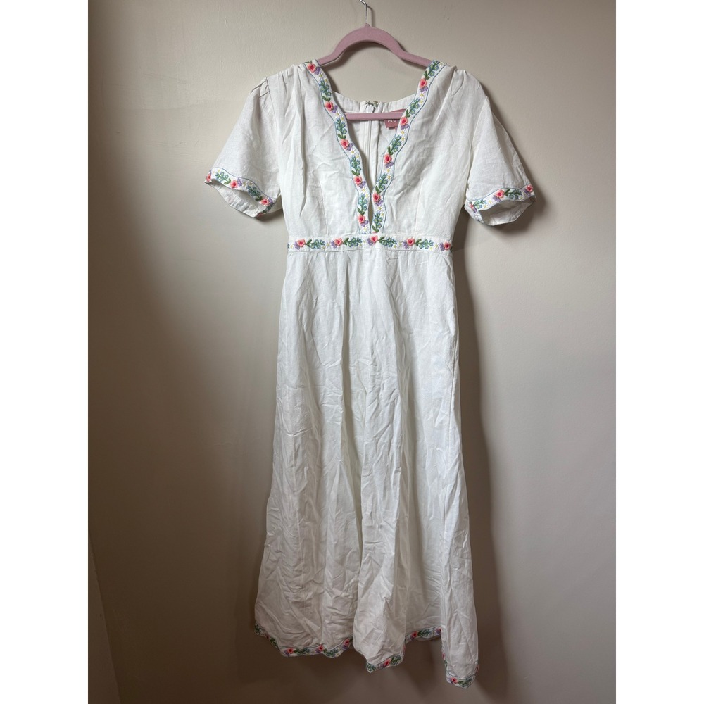Show Me Your Mumu  Theia Floral Embroidered Linen Midi Dress White  Short Sleeve - Picture 2 of 6